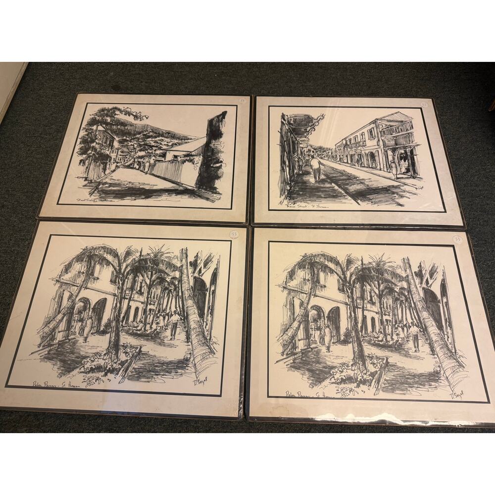 Set of 4 Vintage Charcoal Lithographs by P. Sigal Scenes in St. Thomas Caribbean